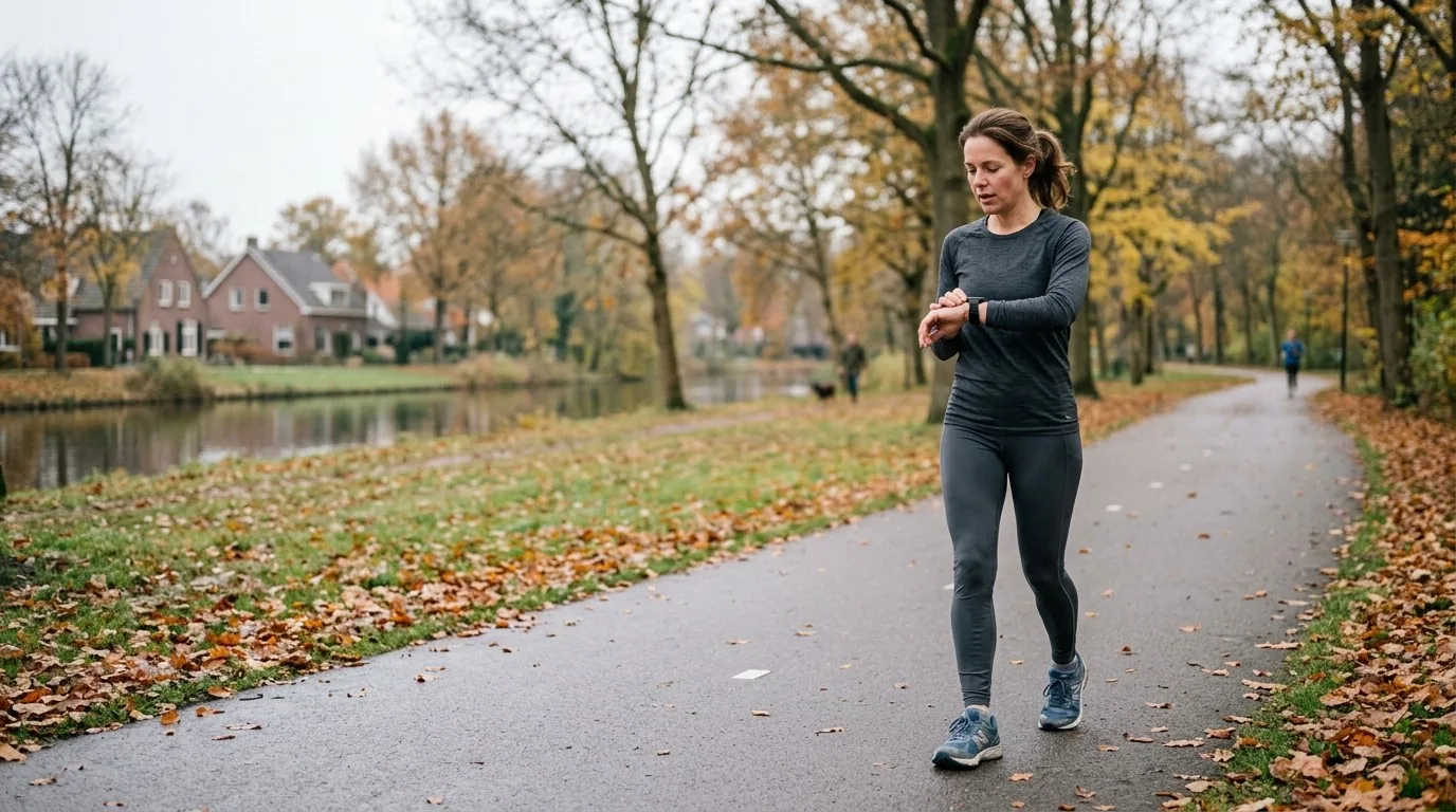 Vrouw neemt een wandelpauze tijdens het hardlopen en kijkt op haar horloge in een park