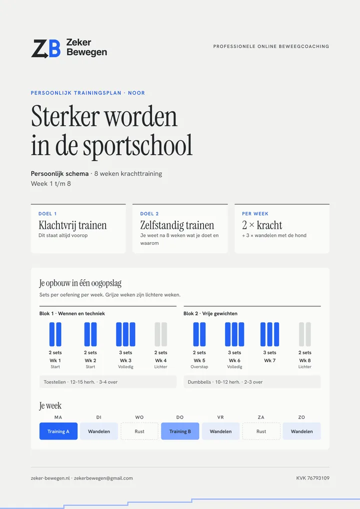 Voorblad van een fictief voorbeeldschema voor krachttraining in de sportschool